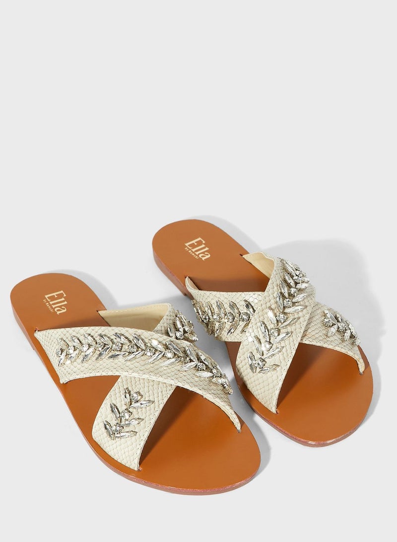 Cross Over Embellished Texture Flat Sandal