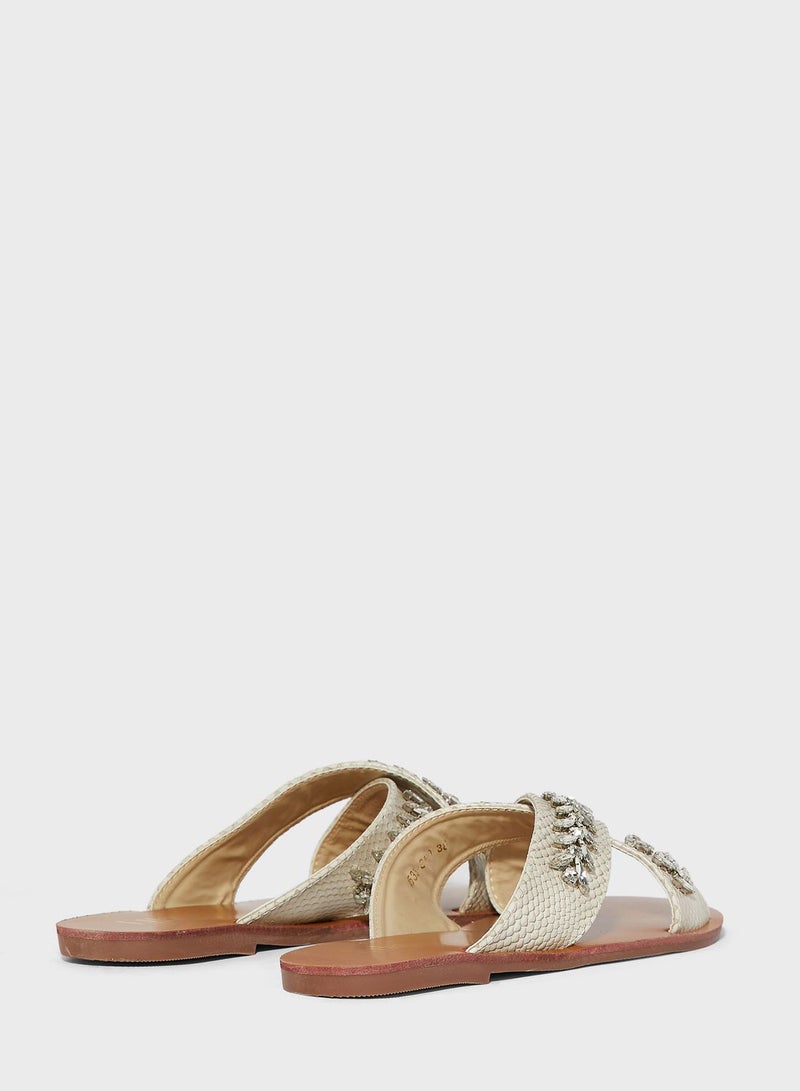 Cross Over Embellished Texture Flat Sandal