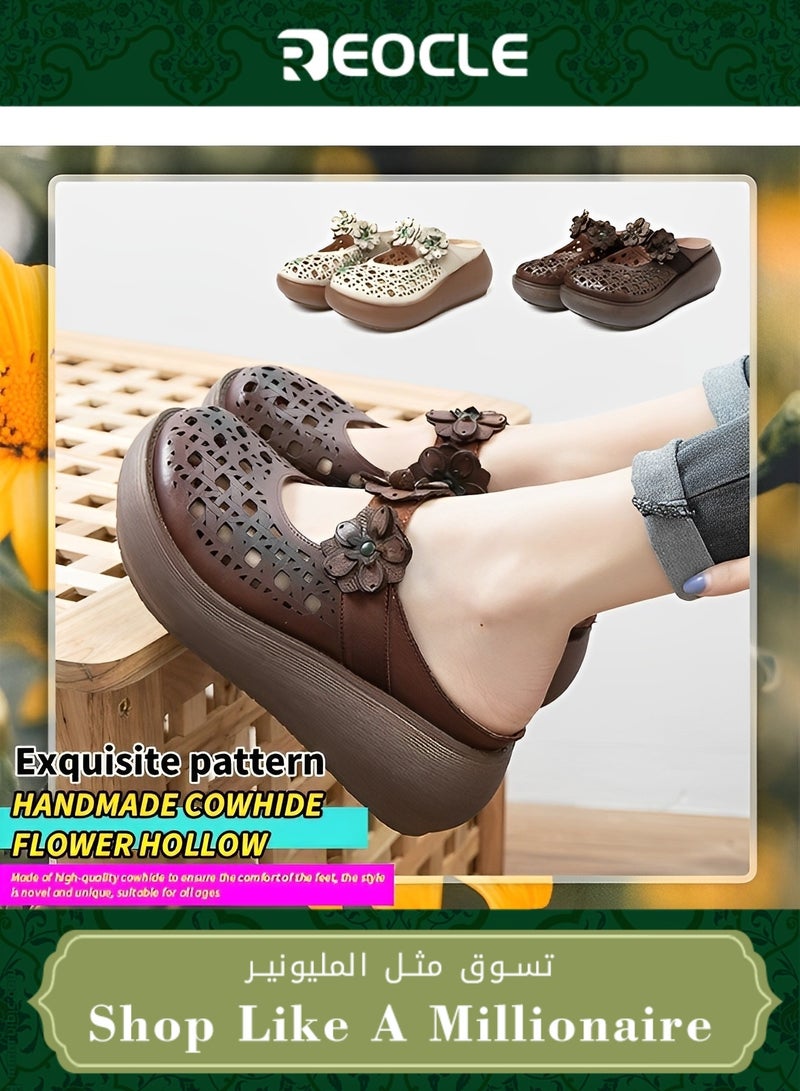 Women's Mid-heel Platform Sandals with Flower Cutout Pattern Summer Leather Dress Flats Shoes Comfort Breathable Non-slip Soft Sole Flower Oxford Casual Sandals