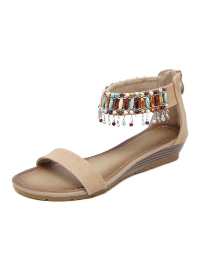 Beaded Wedge Sandals Beige