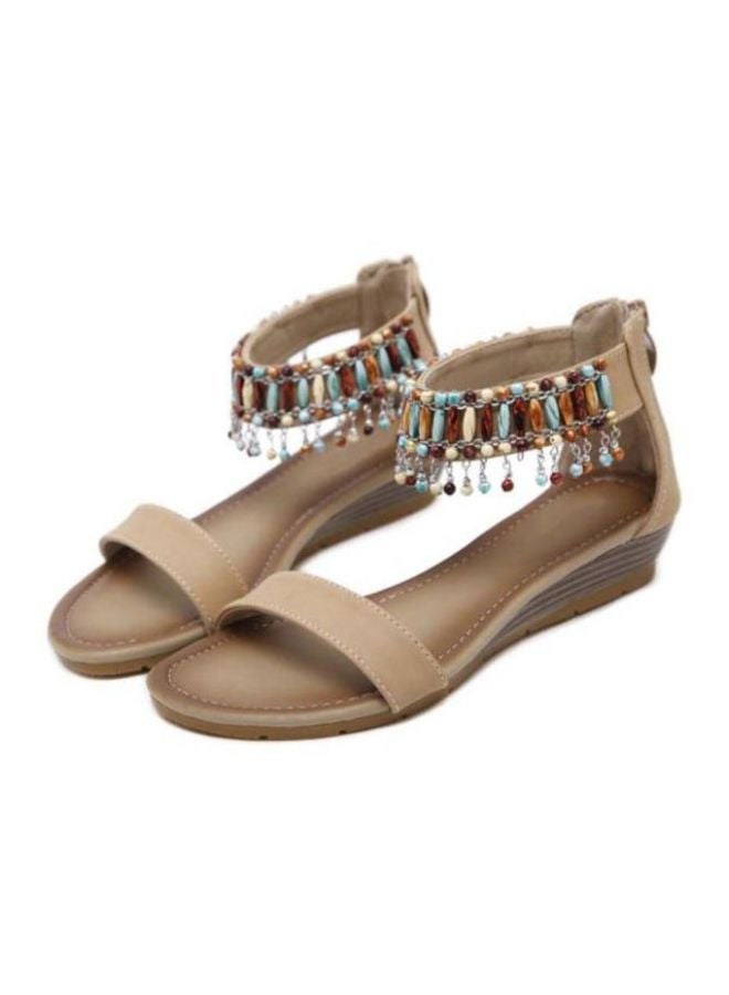 Beaded Wedge Sandals Beige