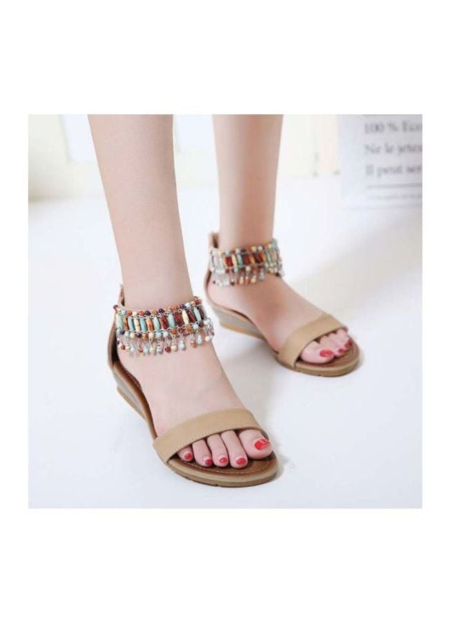 Beaded Wedge Sandals Beige