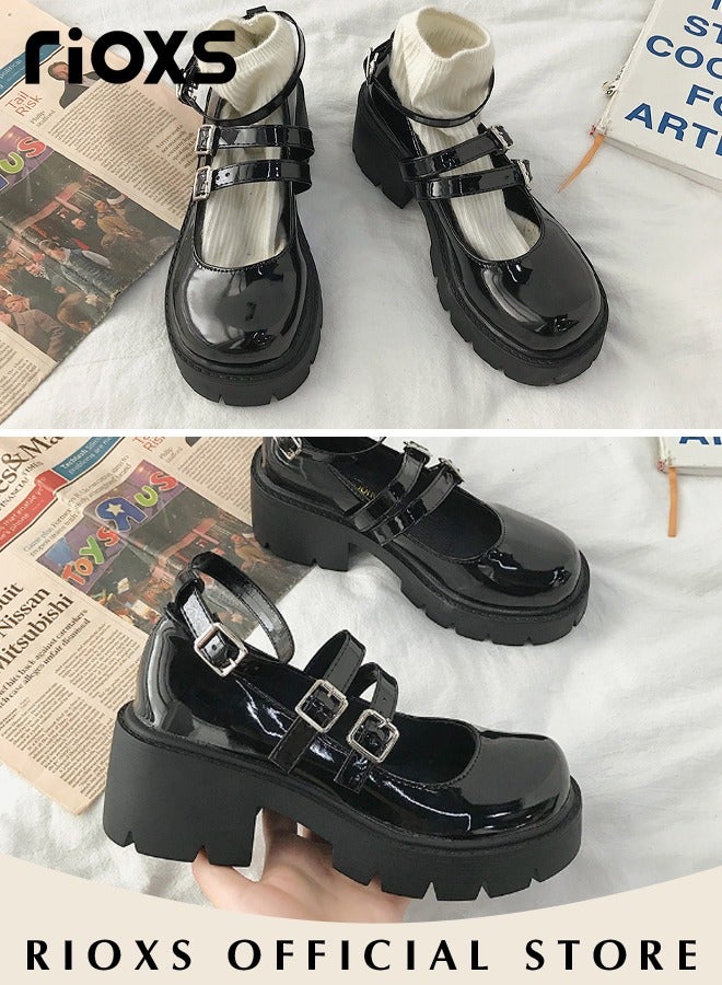 Women's Vintage Lolita Platform Wedge Patent Leather Shoes Flat Mary Jane Shoes Casual Round Toe Shoes