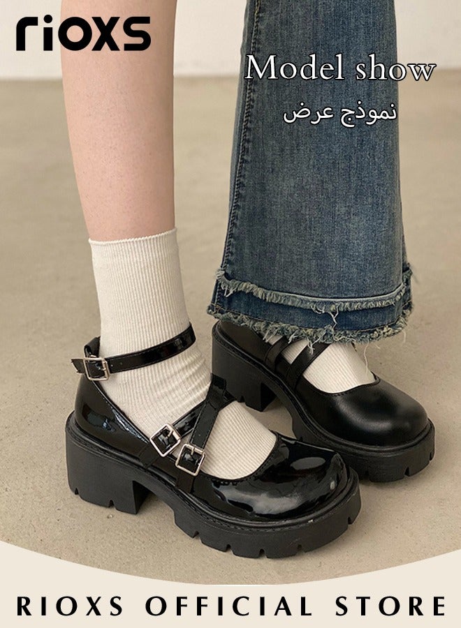 Women's Vintage Lolita Platform Wedge Patent Leather Shoes Flat Mary Jane Shoes Casual Round Toe Shoes