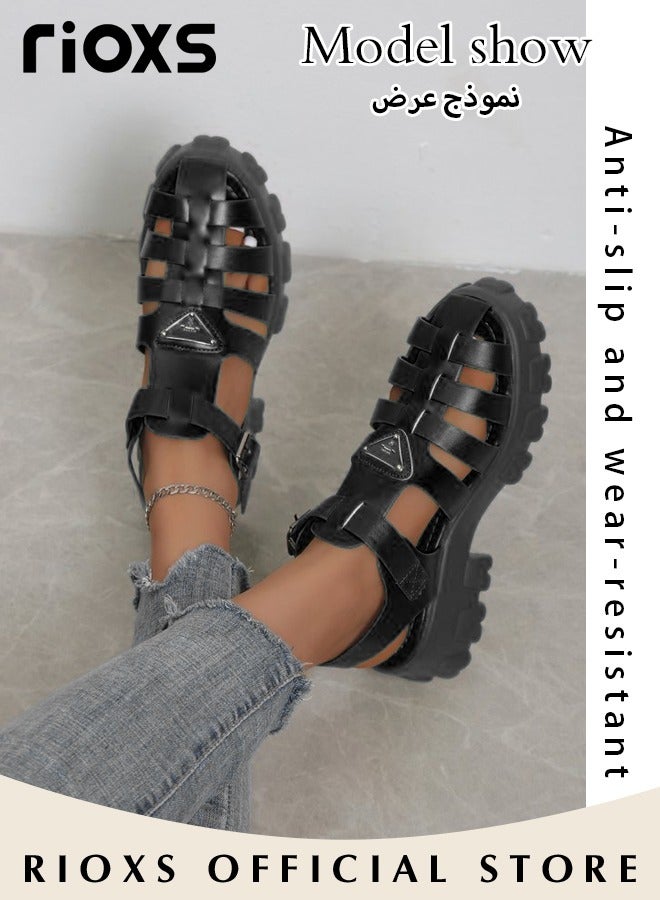 Women's Hollow Roman Sandals Platform Closed Round Toe Sandals Summer Comfy Sandals With Buckle