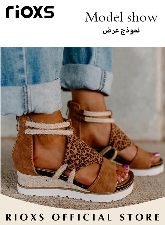 Women's Wedge Round Toe Casual Leopard Print Sandals Comfortable Summer Open Toe Sandals with back zipper