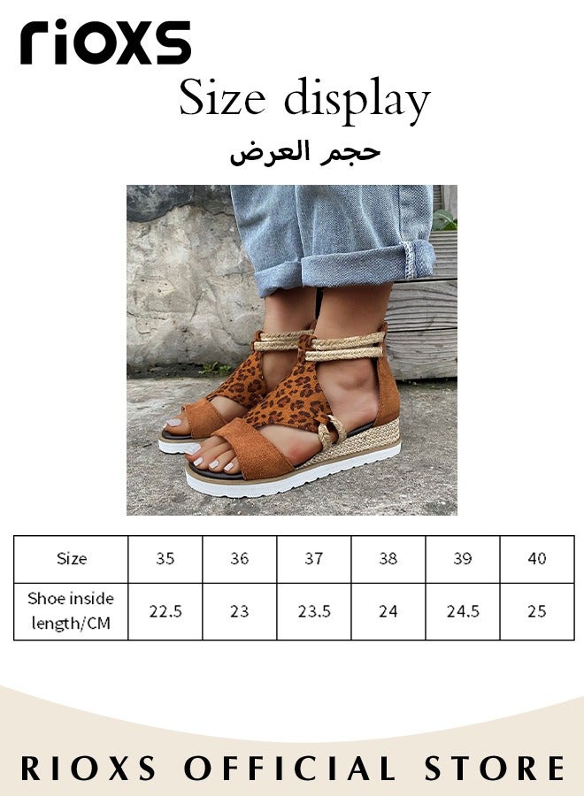 Women's Wedge Round Toe Casual Leopard Print Sandals Comfortable Summer Open Toe Sandals with back zipper