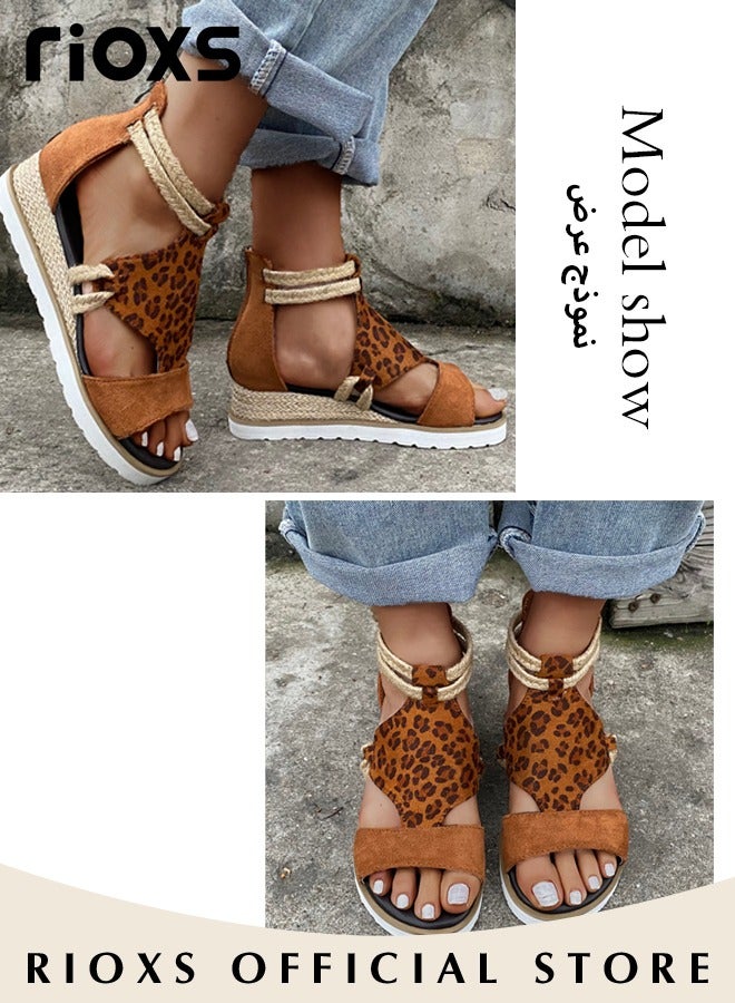 Women's Wedge Round Toe Casual Leopard Print Sandals Comfortable Summer Open Toe Sandals with back zipper