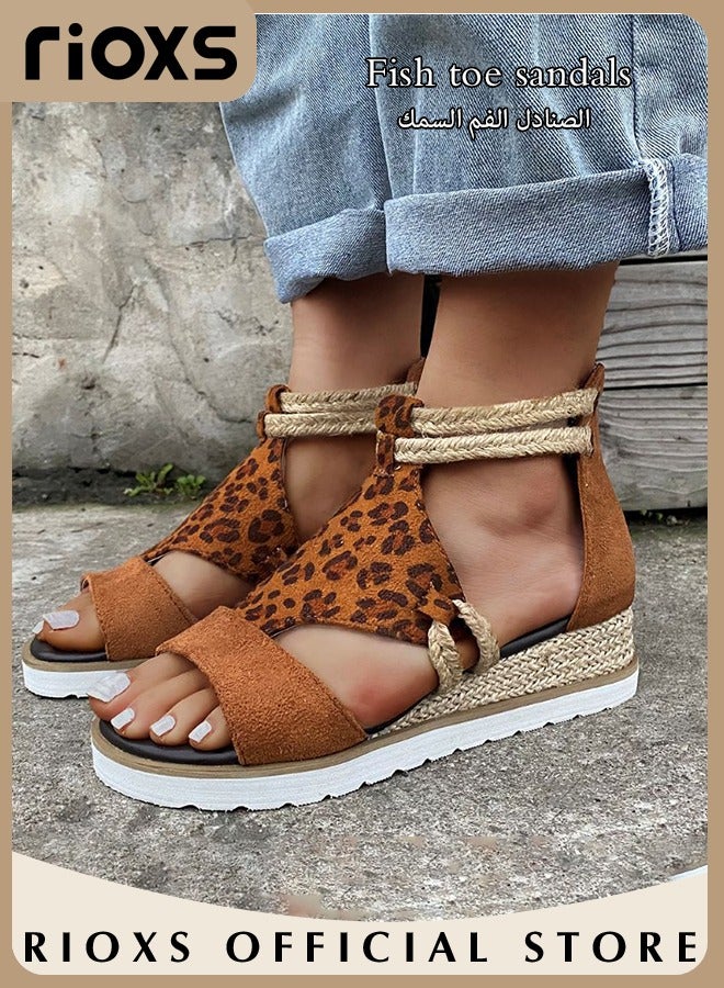 Women's Wedge Round Toe Casual Leopard Print Sandals Comfortable Summer Open Toe Sandals with back zipper