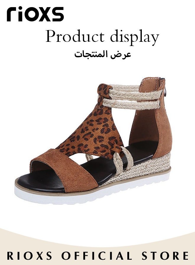 Women's Wedge Round Toe Casual Leopard Print Sandals Comfortable Summer Open Toe Sandals with back zipper