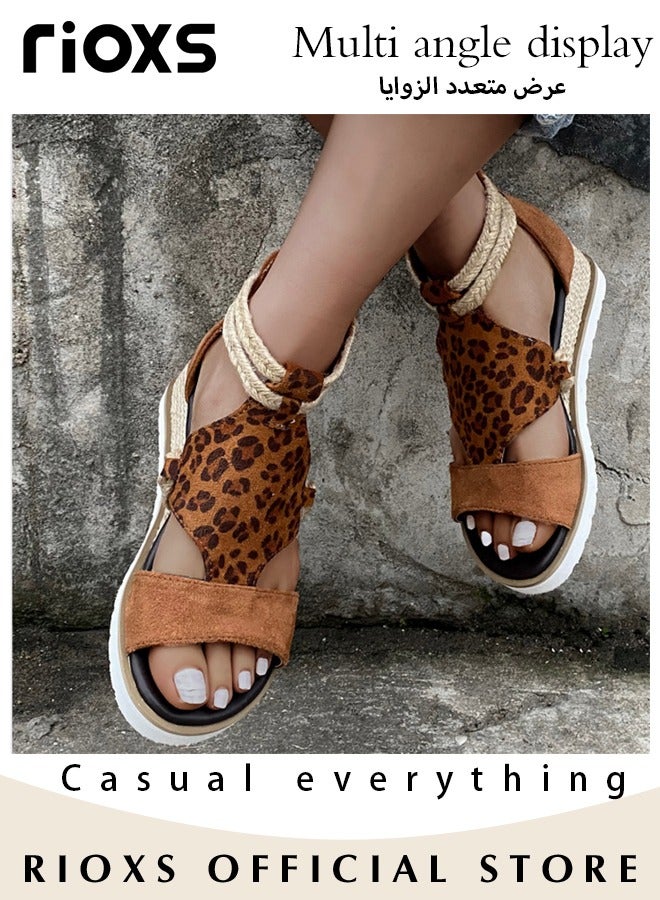 Women's Wedge Round Toe Casual Leopard Print Sandals Comfortable Summer Open Toe Sandals with back zipper