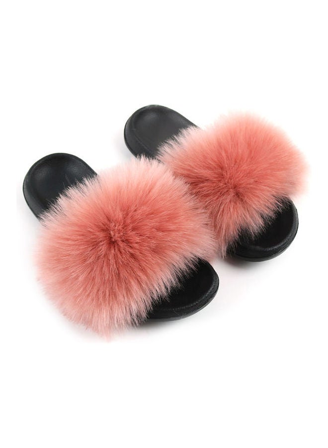 Stylish Women Faux Fur Open Toe Flat Slippers Pink/Black