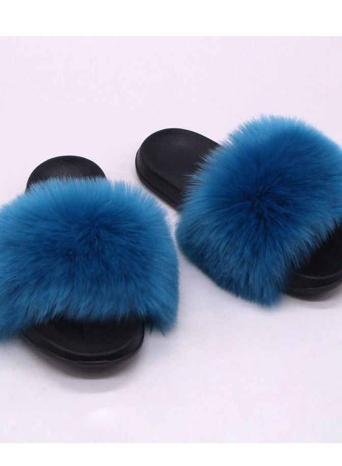 Stylish Women Faux Fur Open Toe Flat Slippers Sandals Non Slip Homewear Shoes