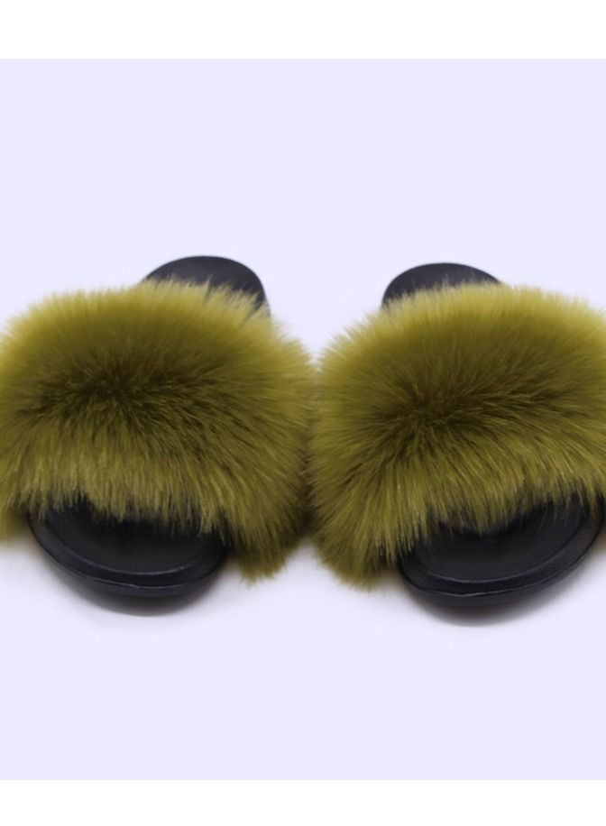 Stylish Women Faux Fur Open Toe Flat Slippers Sandals Non Slip Homewear Shoes