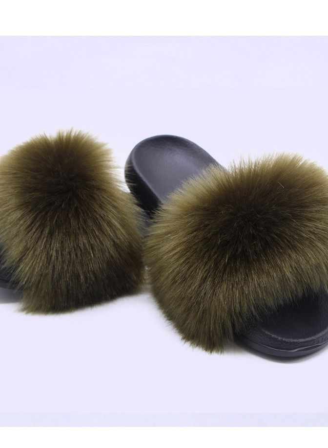 Stylish Women Faux Fur Open Toe Flat Slippers Sandals Non Slip Homewear Shoes