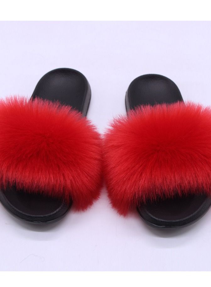 Stylish Women Faux Fur Open Toe Flat Slippers Sandals Non Slip Homewear Shoes