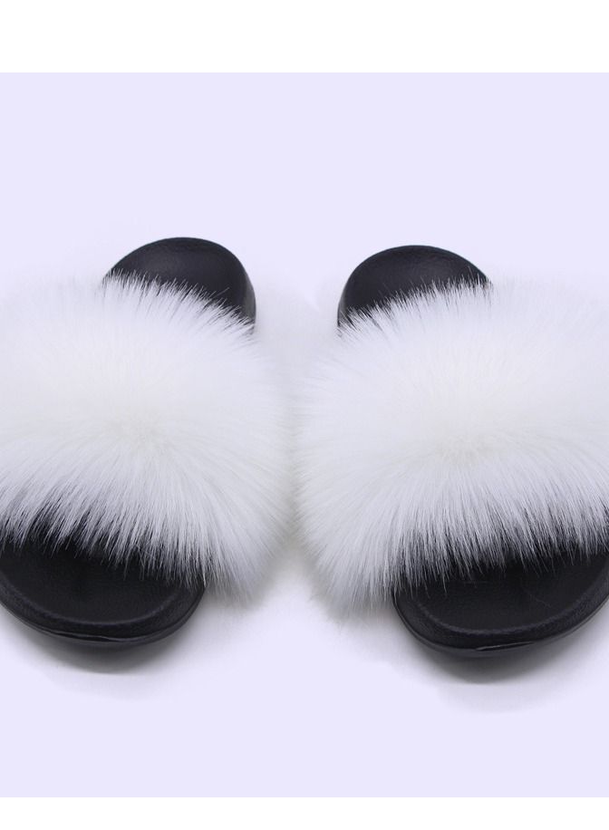 Stylish Women Faux Fur Open Toe Flat Slippers Sandals Non Slip Homewear Shoes