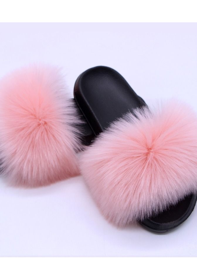 Stylish Women Faux Fur Open Toe Flat Slippers Sandals Non Slip Homewear Shoes