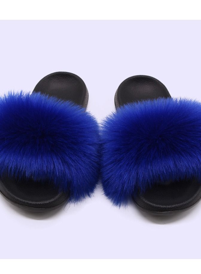 Stylish Women Faux Fur Open Toe Flat Slippers Sandals Non Slip Homewear Shoes