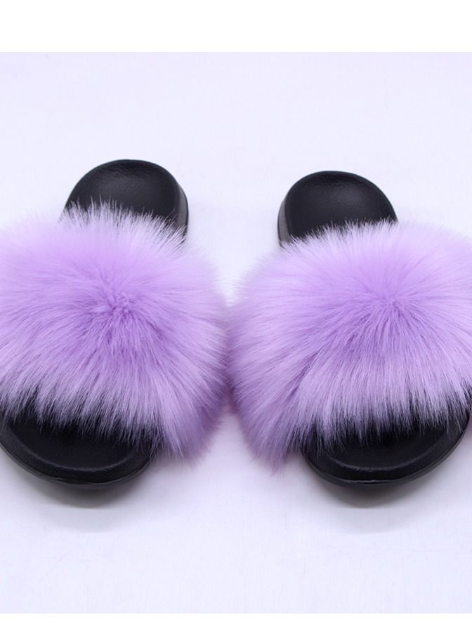 Stylish Women Faux Fur Open Toe Flat Slippers Sandals Non Slip Homewear Shoes