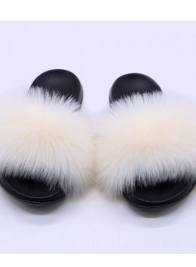 Stylish Women Faux Fur Open Toe Flat Slippers Sandals Non Slip Homewear Shoes