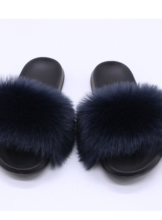 Stylish Women Faux Fur Open Toe Flat Slippers Sandals Non Slip Homewear Shoes