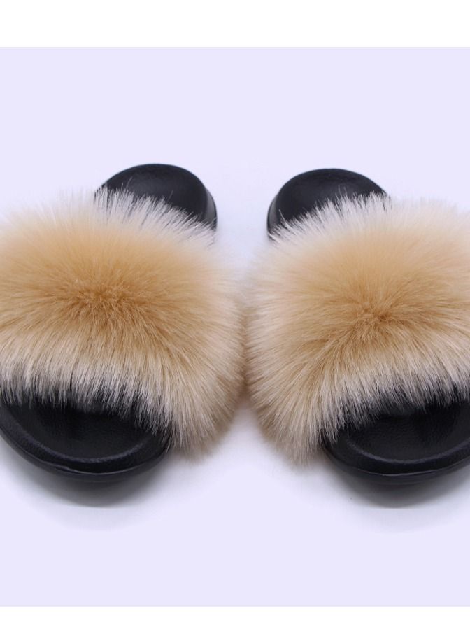 Stylish Women Faux Fur Open Toe Flat Slippers Sandals Non Slip Homewear Shoes