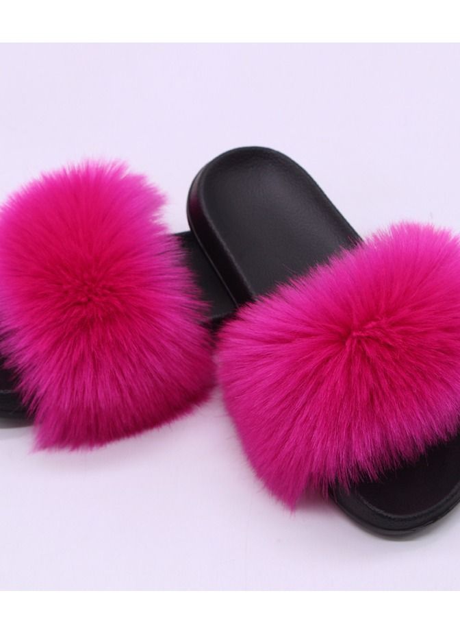 Stylish Women Faux Fur Open Toe Flat Slippers Sandals Non Slip Homewear Shoes