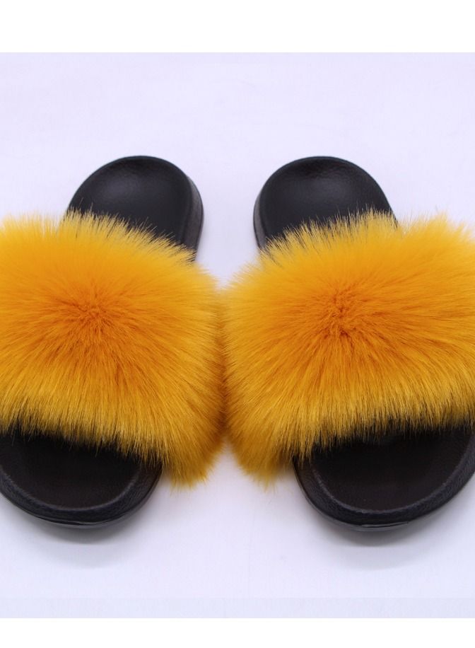 Stylish Women Faux Fur Open Toe Flat Slippers Sandals Non Slip Homewear Shoes