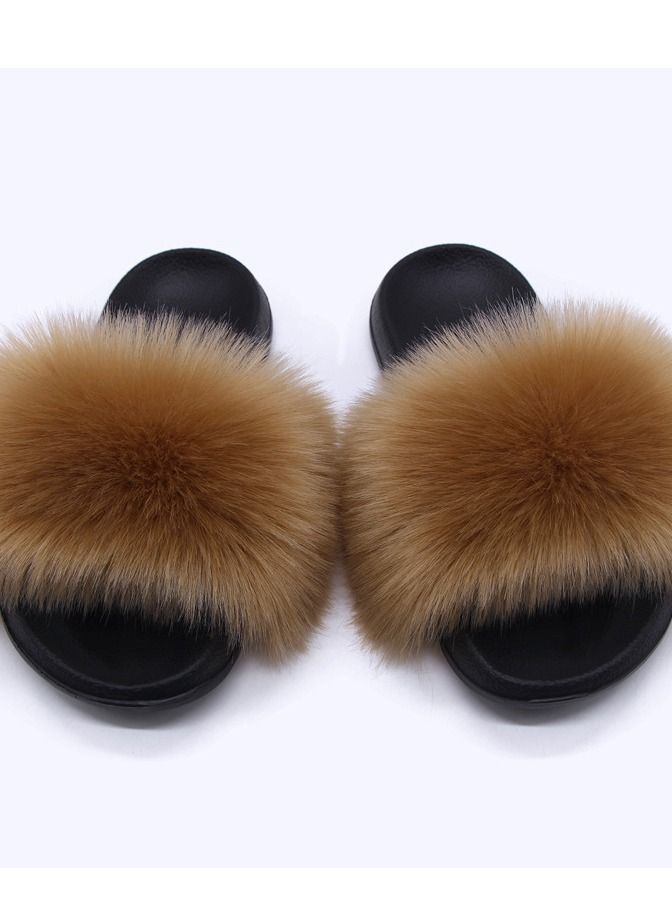 Stylish Women Faux Fur Open Toe Flat Slippers Sandals Non Slip Homewear Shoes