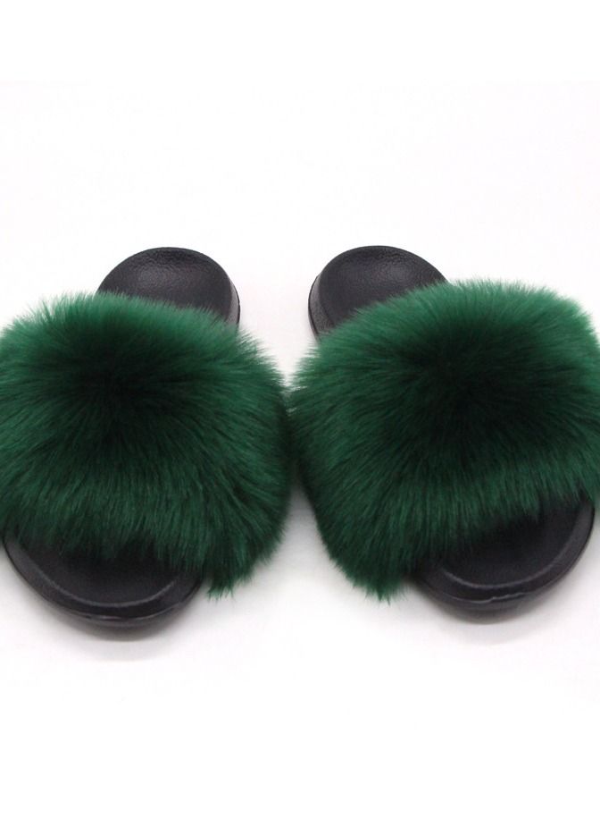 Stylish Women Faux Fur Open Toe Flat Slippers Sandals Non Slip Homewear Shoes