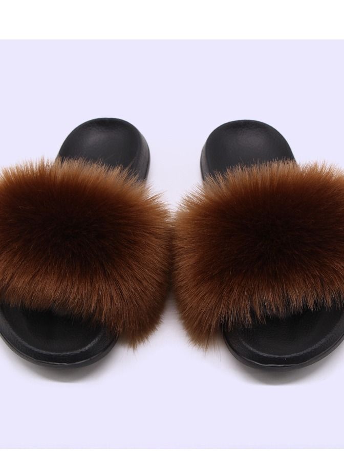 Stylish Women Faux Fur Open Toe Flat Slippers Sandals Non Slip Homewear Shoes