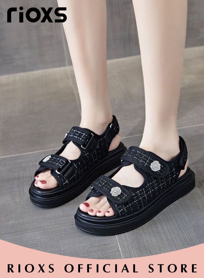 Women's Summer Fashion Double Buckles Thick Soft Sole Sandals Breathable Open Toes Non-Slip Beach Sandals Casual Adjustable Flat Sandals