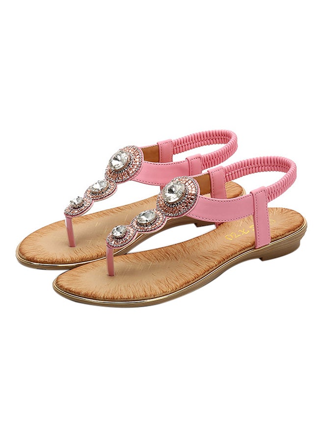 T-strap Crystal Elastic Band Sandals Pink