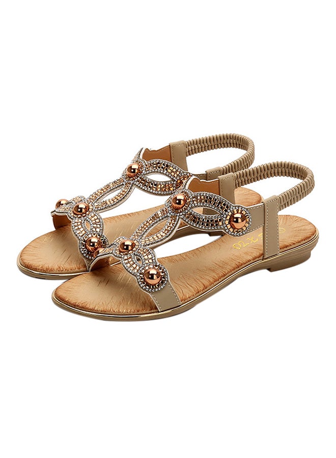 Bohemian Crystal Bling Elastic Band Sandals Beige