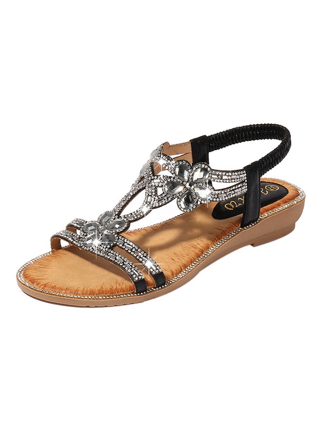 Bohemian Crystal Bling Elastic Band Sandals Black