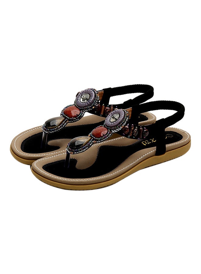 T-strap Crystal Elastic Band Sandals Black