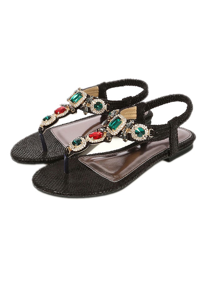 T-strap Crystal Elastic Band Sandals Black