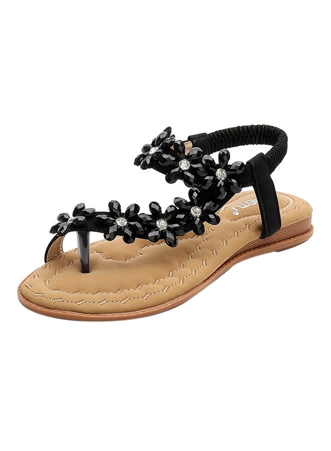 Fashion Rhinestone Thong Flat Elastic Band Sandals Black