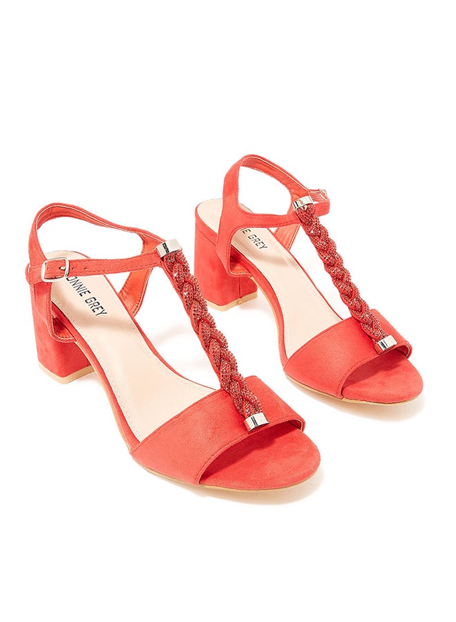 Faux Suede Block Heel Sandals Red