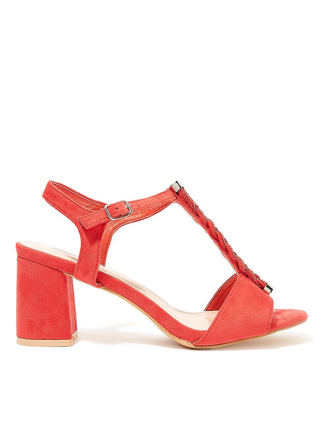 Faux Suede Block Heel Sandals Red