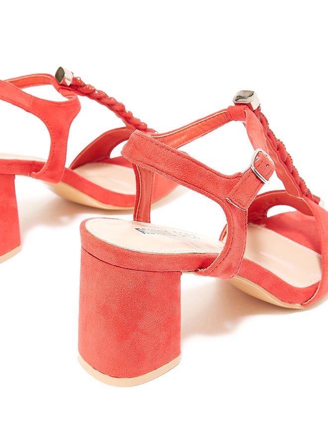 Faux Suede Block Heel Sandals Red