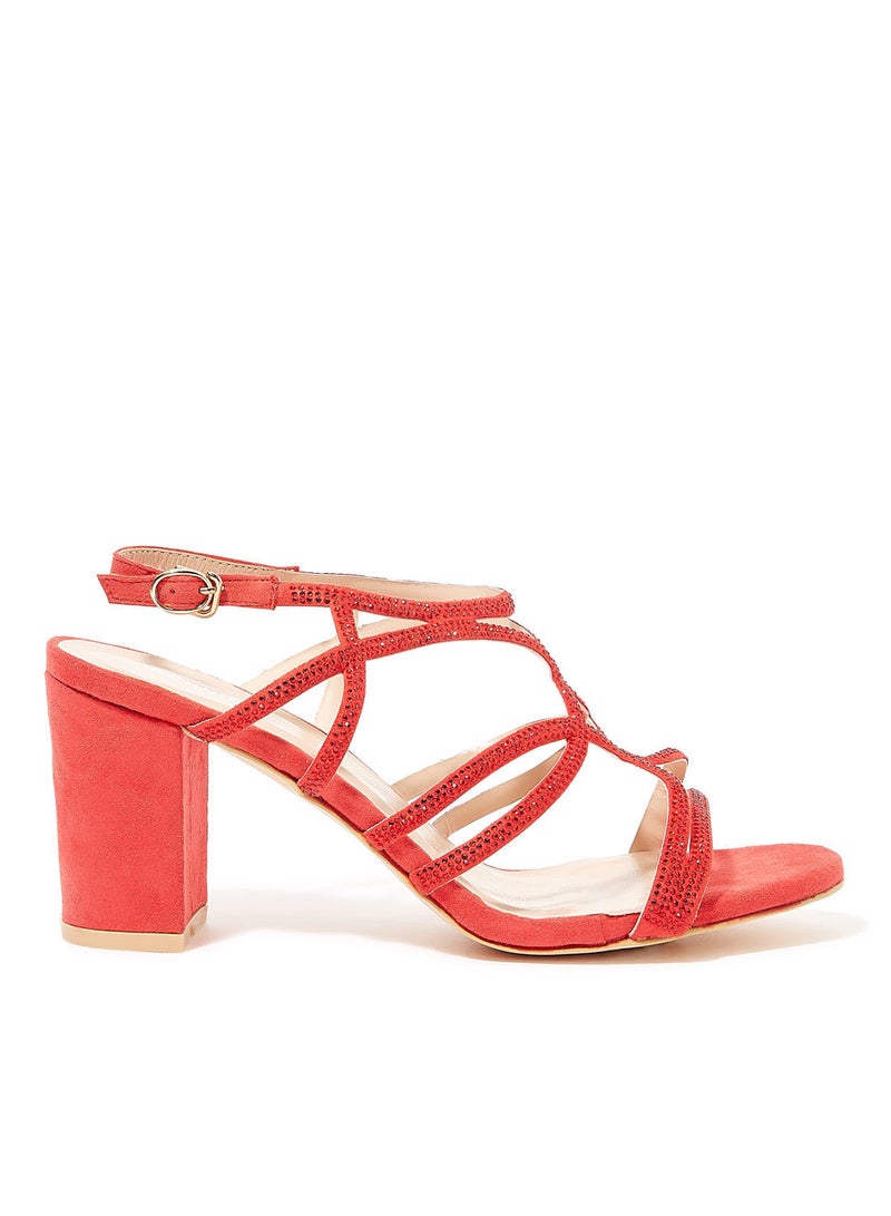 Embellished Strap Block Heel Sandals Red