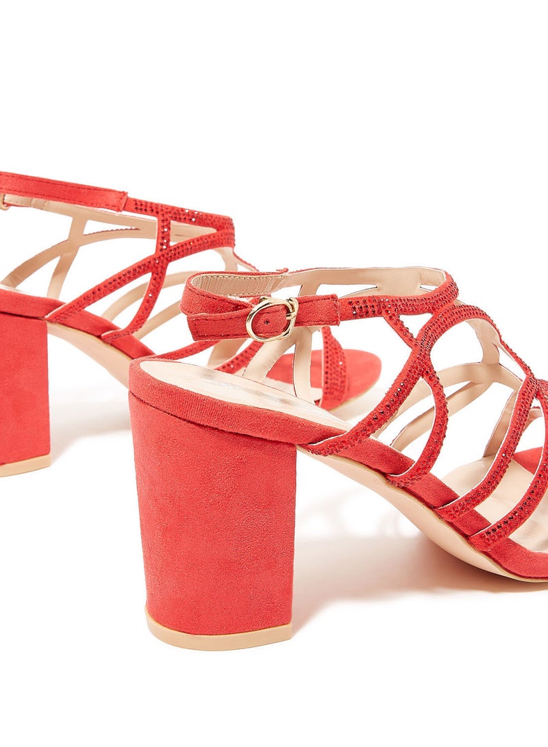 Embellished Strap Block Heel Sandals Red