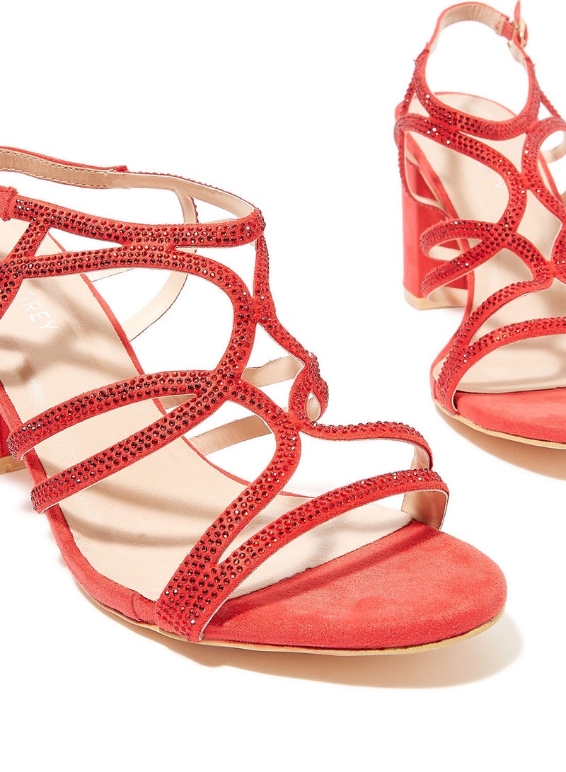 Embellished Strap Block Heel Sandals Red