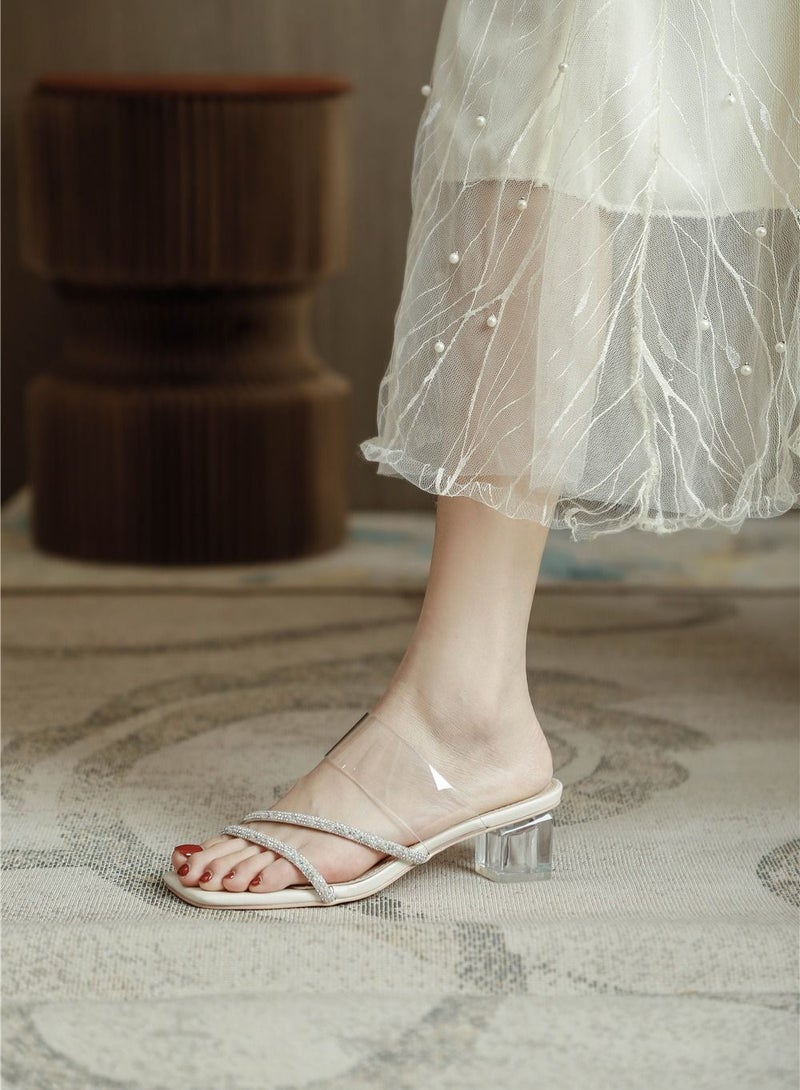 Square Toed Crystal Toe Heels White