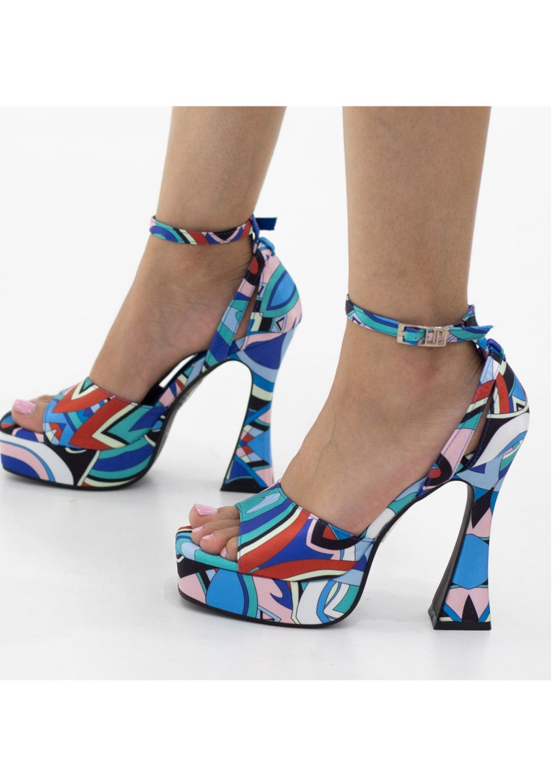 Darika printed multi-colored 13cm platform heel sandal blue