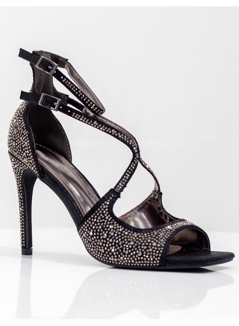 Ekani studded asym bands 10cm heel sandal black