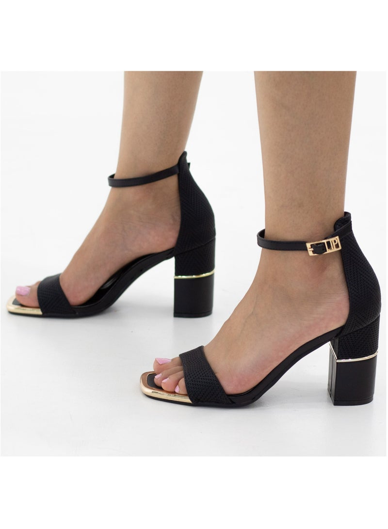 Hafsa one band ankle strap gold toe trim 8.5cm heel sandal black