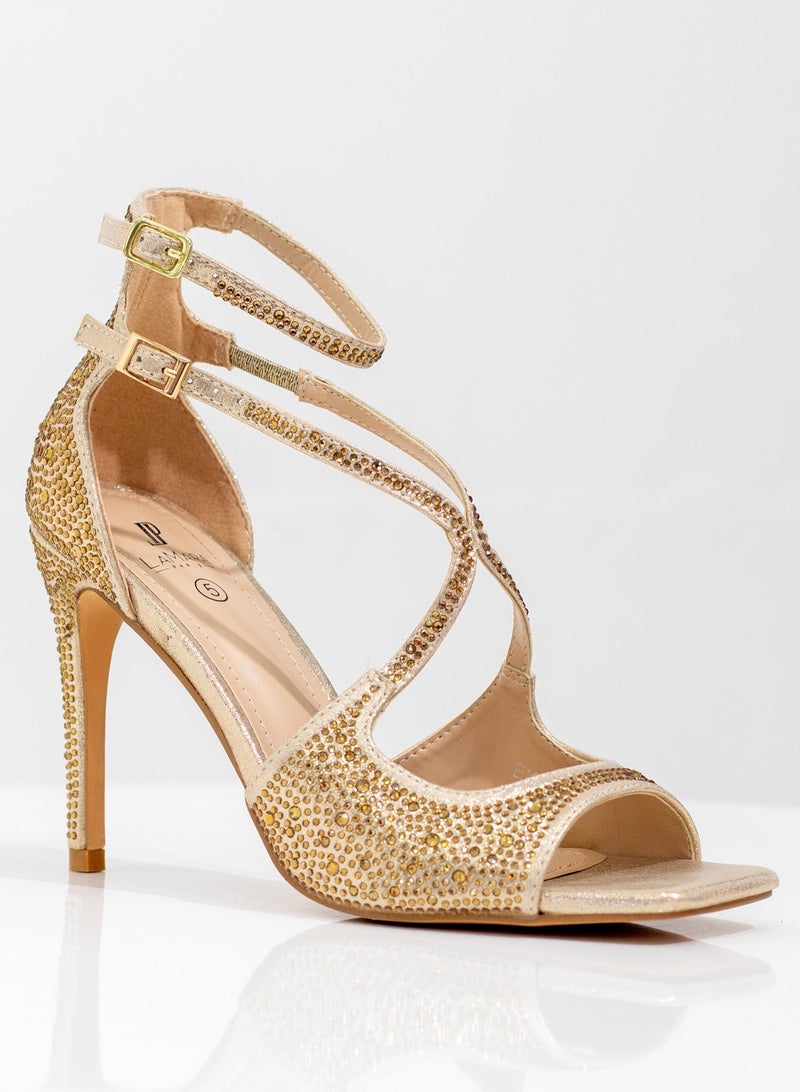 Ekani studded asym bands 10cm heel sandal champagne